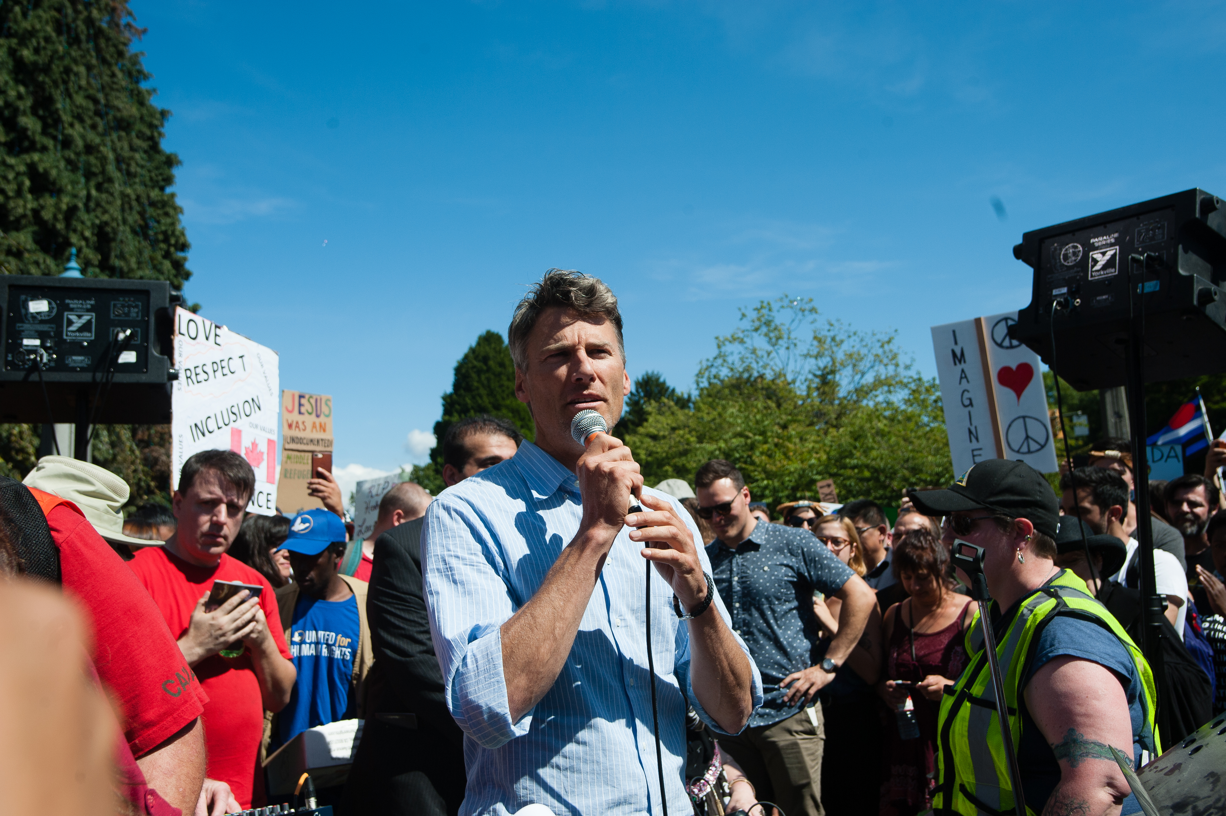 Mayor Gregor Robertson delivered his remarks at the protest.