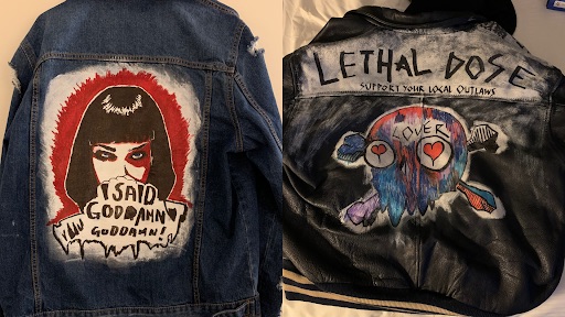 Mia Wallace from Pulp Fiction on a denim jacket (left) and a leather bomber jacket with a skull graffiti art style (right) both designed by Ryan Yip.